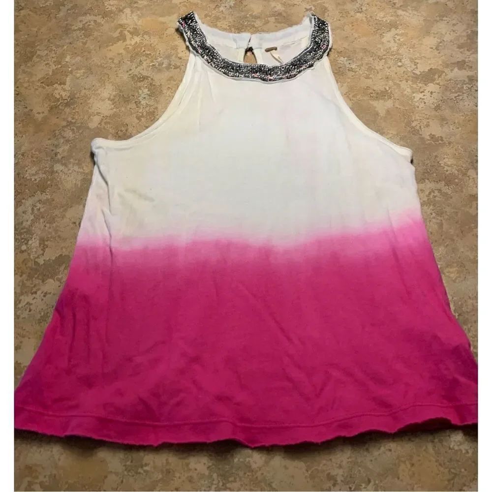 FREE PEOPLE PINK & WHITE OMBRÉ BEADED NECKLINE BOHO SWING TANK TOP sz S